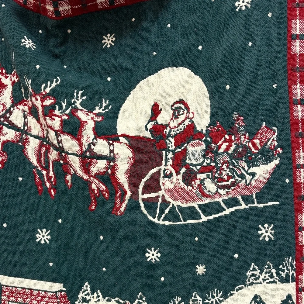 Festive Holiday Vintage Tapestry Throw Blanket w Santa and Reindeer Multicolor